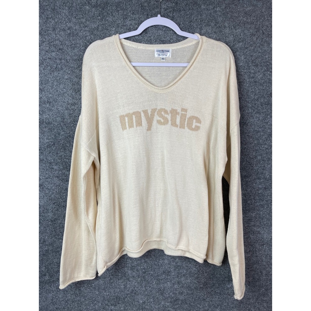 Town Pride Mystic Sweater Women's XL Cream V-Neck Knit Pullover USA